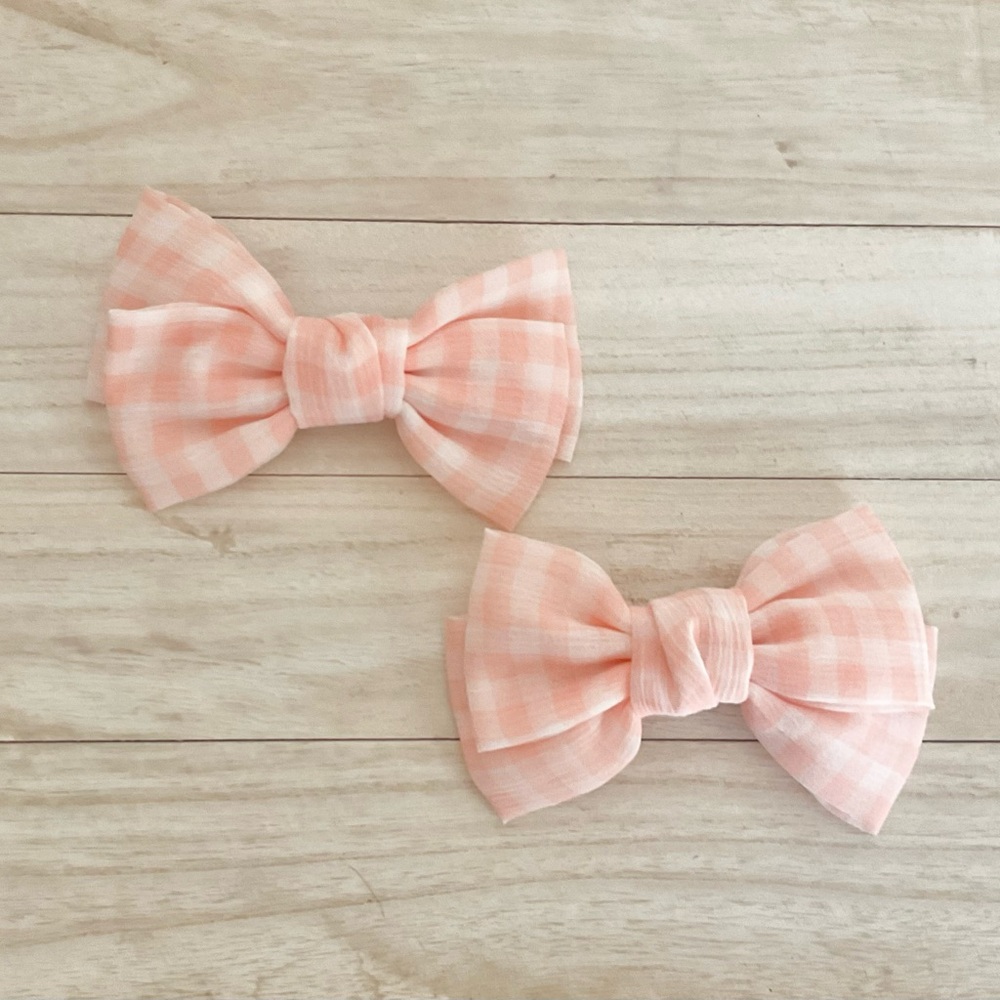 Girls Blush Pink Gingham Hair Bow Set